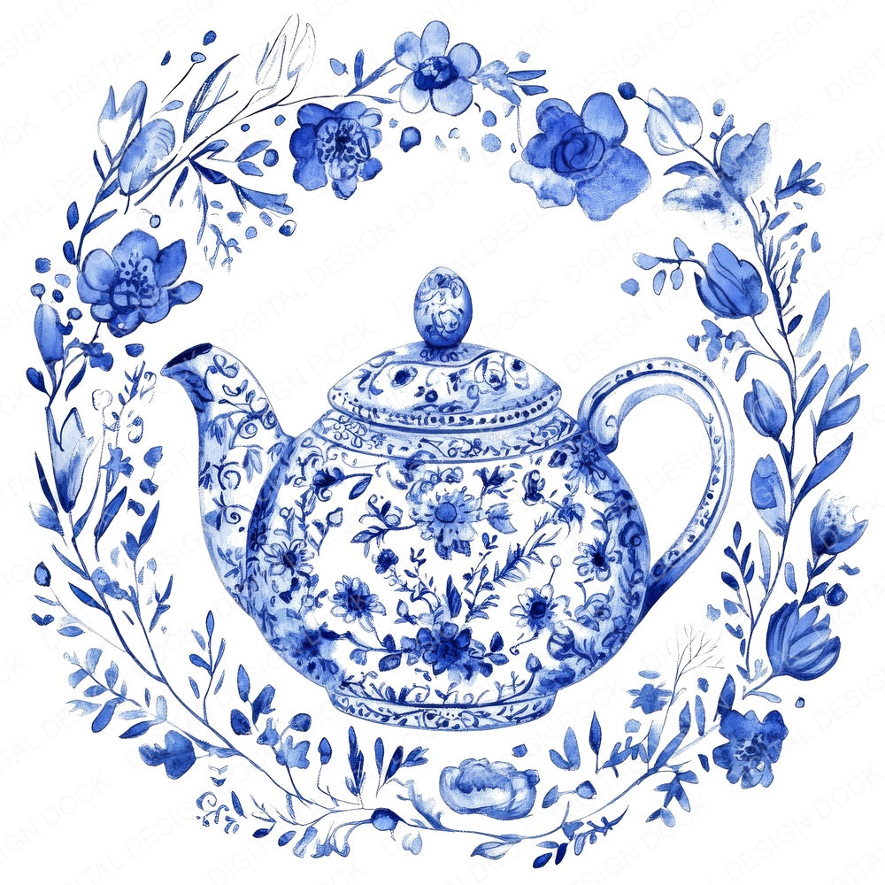 Delftware style Teapot fussy cut sheet in A4 format showing all 12 designs on one printable page