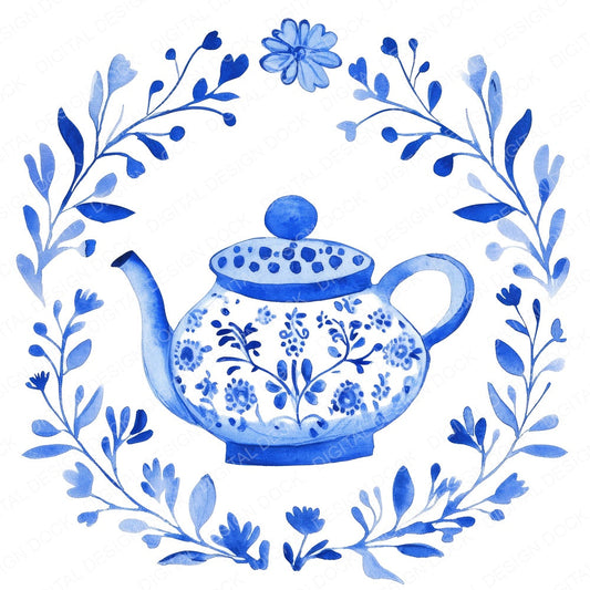 Delftware style Teapot fussy cut sheet in US Letter format showing all 12 designs on one printable page