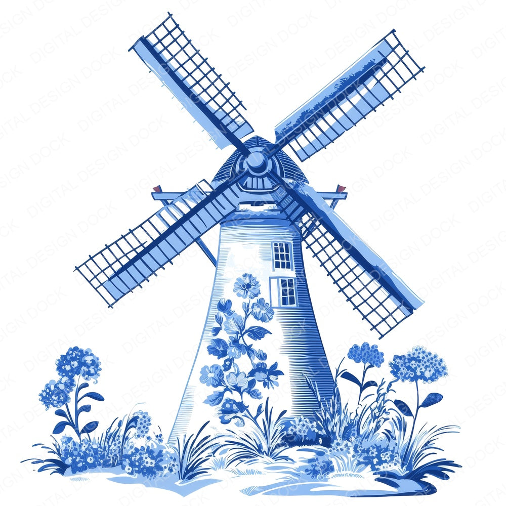 Delftware style Windmill fussy cut sheet in US Letter format showing all 12 designs on one printable page
