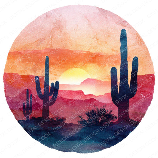 Desert Cactus Sunset Scene fussy cut sheet in A4 format showing all 12 designs on one printable page