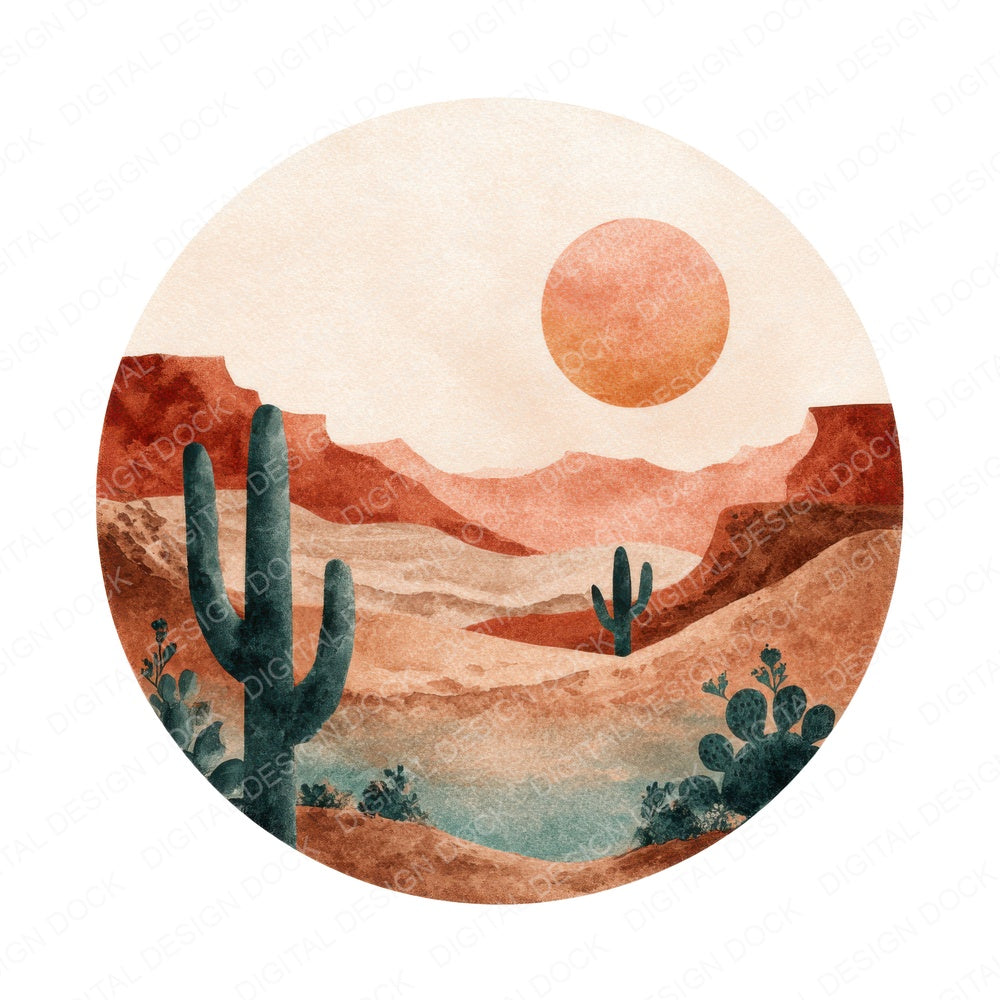 Desert Round Scene fussy cut sheet in A4 format showing all 12 designs on one printable page