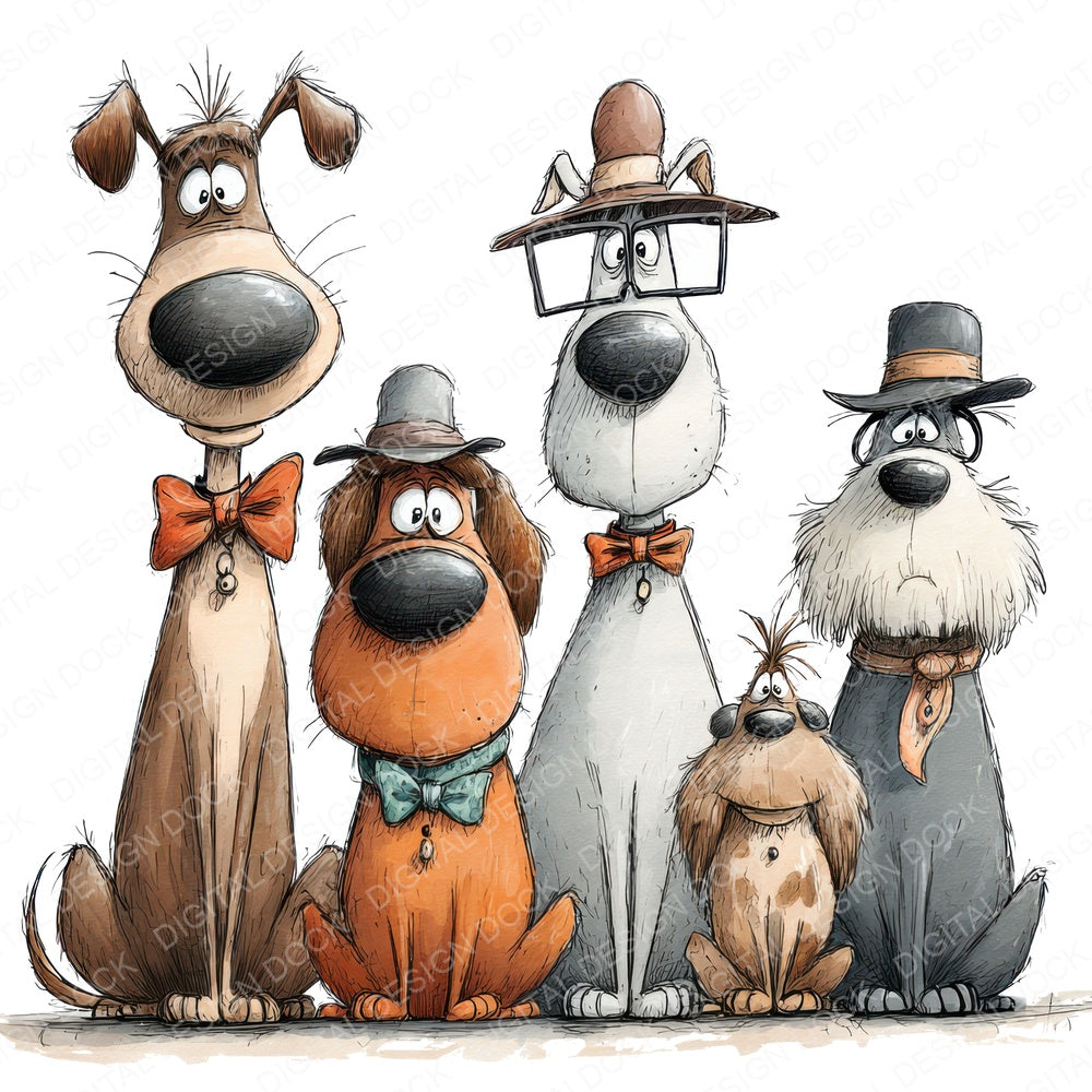 Dressed Up Quirky Dogs fussy cut sheet in US Letter format showing all 12 designs on one printable page