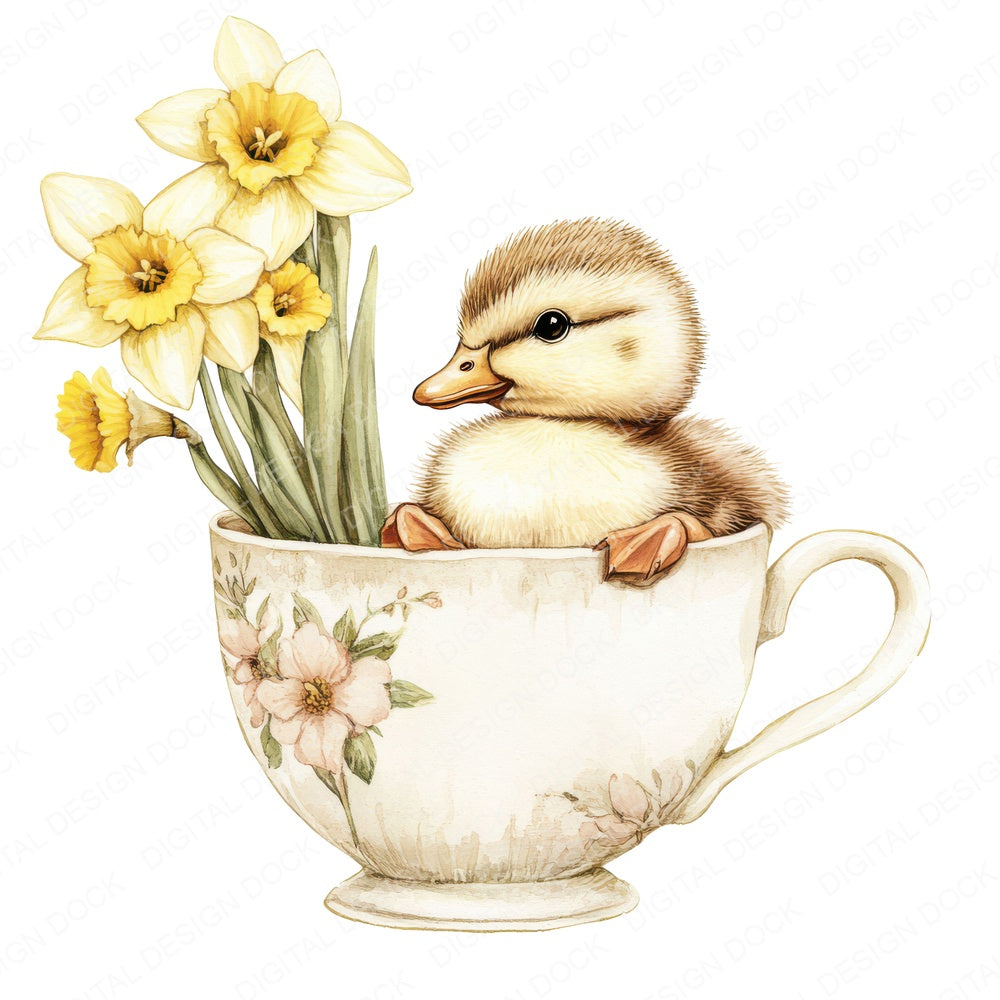 Duckling in Daffodil Teacup fussy cut sheet in A4 format showing all 12 designs on one printable page