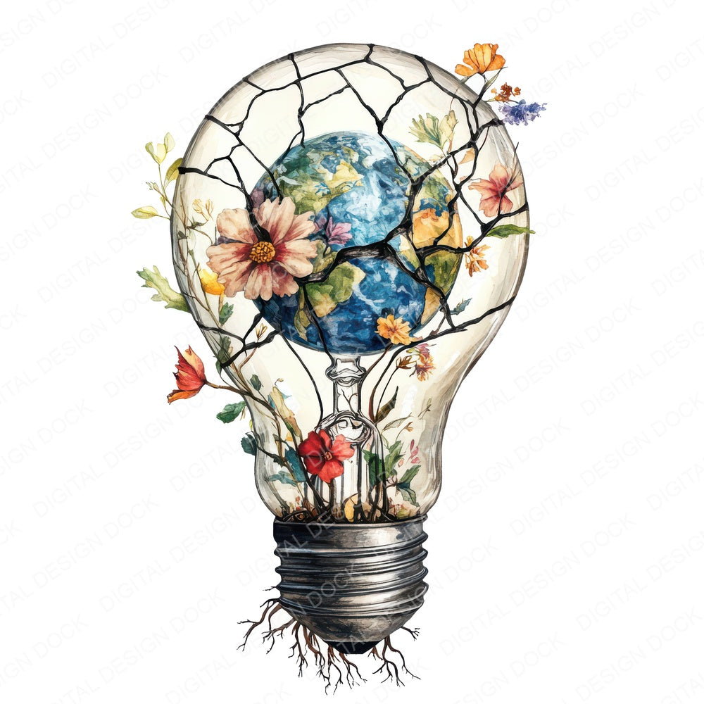 Earth in Floral Lightbulb fussy cut sheet in A4 format showing all 12 designs on one printable page