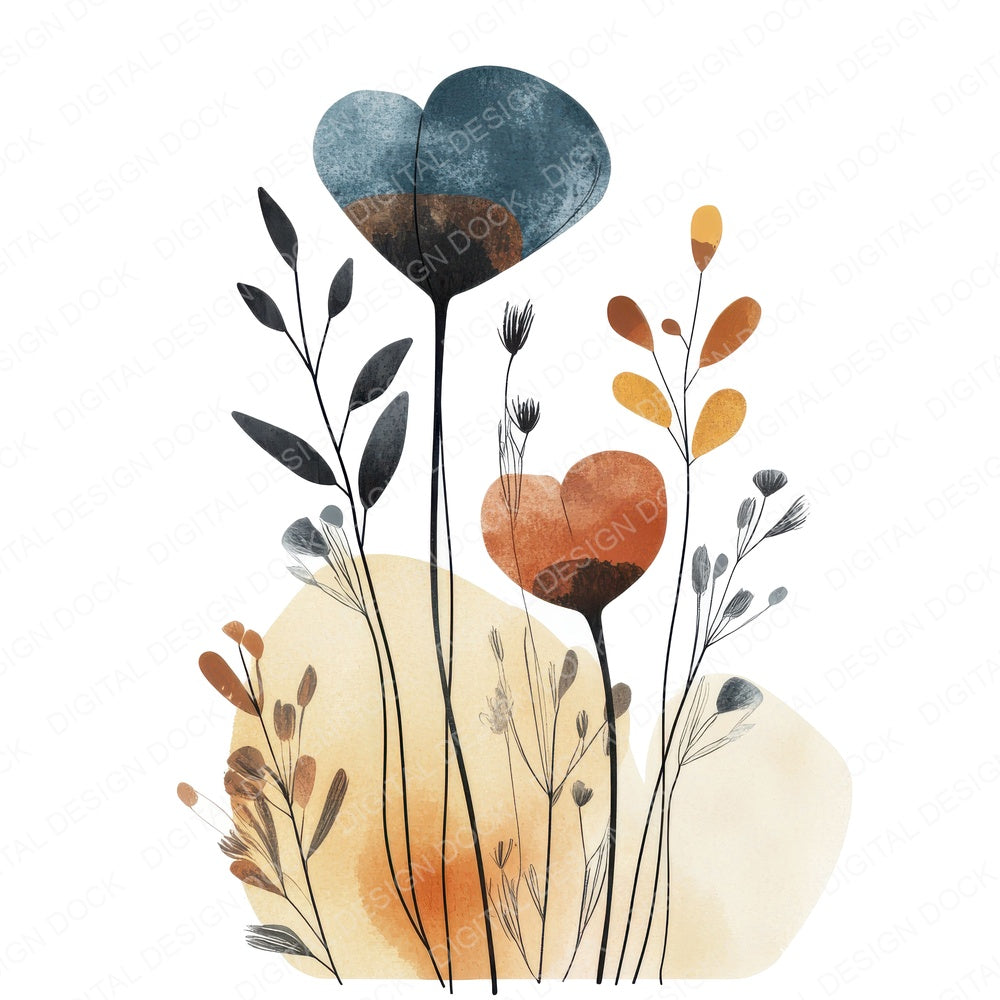 Earthy Boho Abstract Flowers fussy cut sheet in US Letter format showing all 12 designs on one printable page