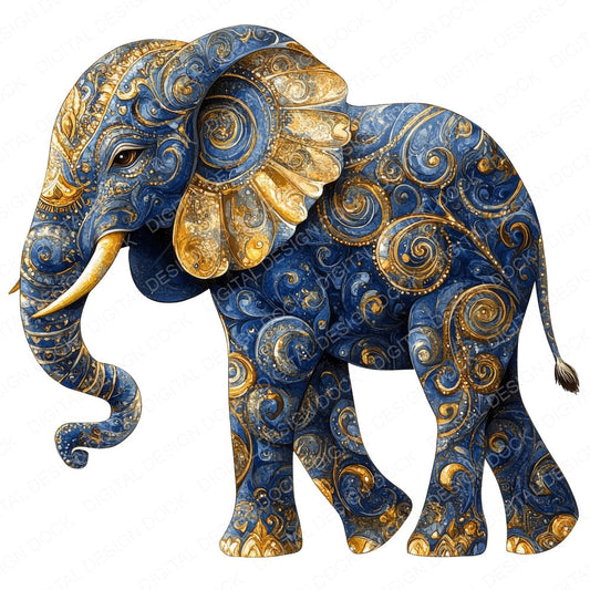 Elephant Baroque Blue and Gold Clipart Set (DDD005161)