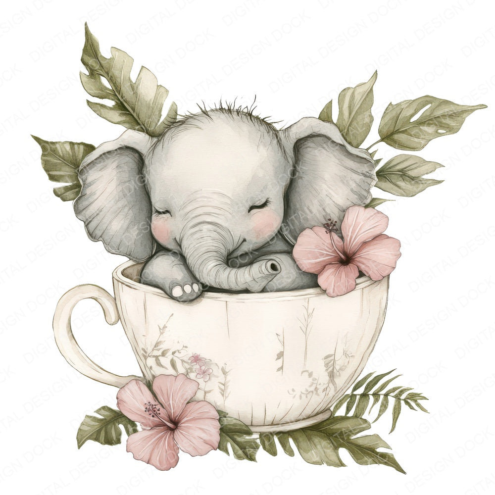 Elephant in Jungle Teacup fussy cut sheet in A4 format showing all 12 designs on one printable page