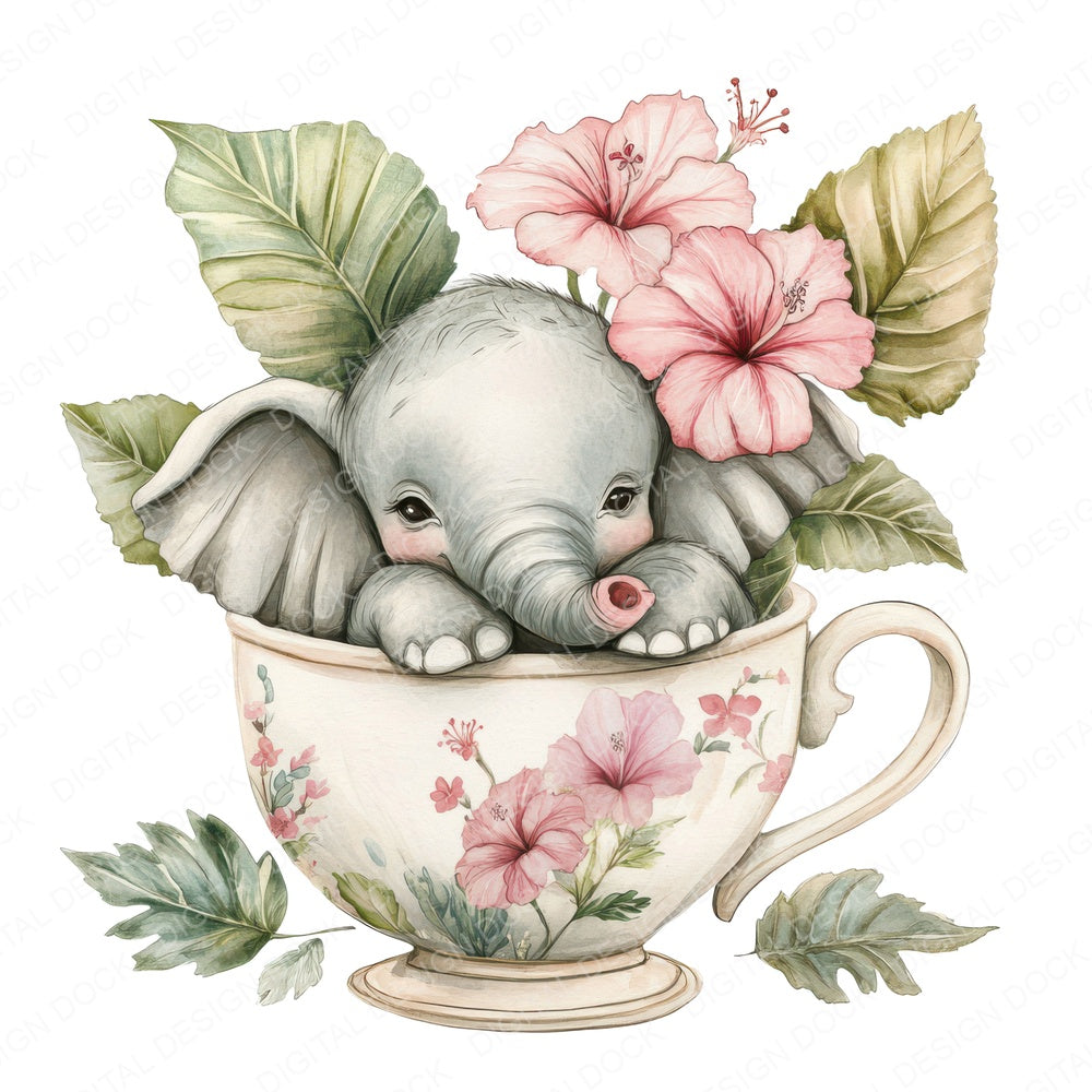 Elephant in Jungle Teacup fussy cut sheet in US Letter format showing all 12 designs on one printable page