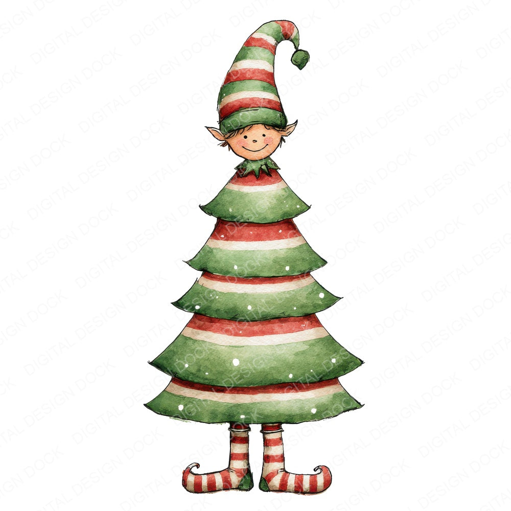 Elf Christmas Tree fussy cut sheet in US Letter format showing all 12 designs on one printable page