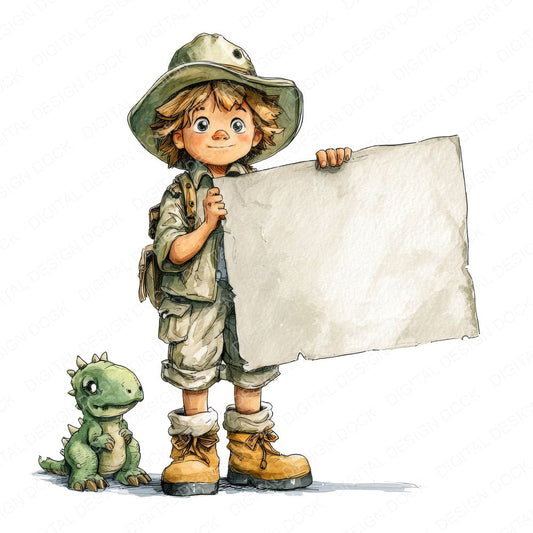 Explorer Boy with Banner fussy cut sheet in US Letter format showing all 12 designs on one printable page