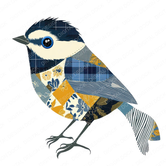 Fabric Blue Tit Patch Checkered fussy cut sheet in US Letter format showing all 12 designs on one printable page