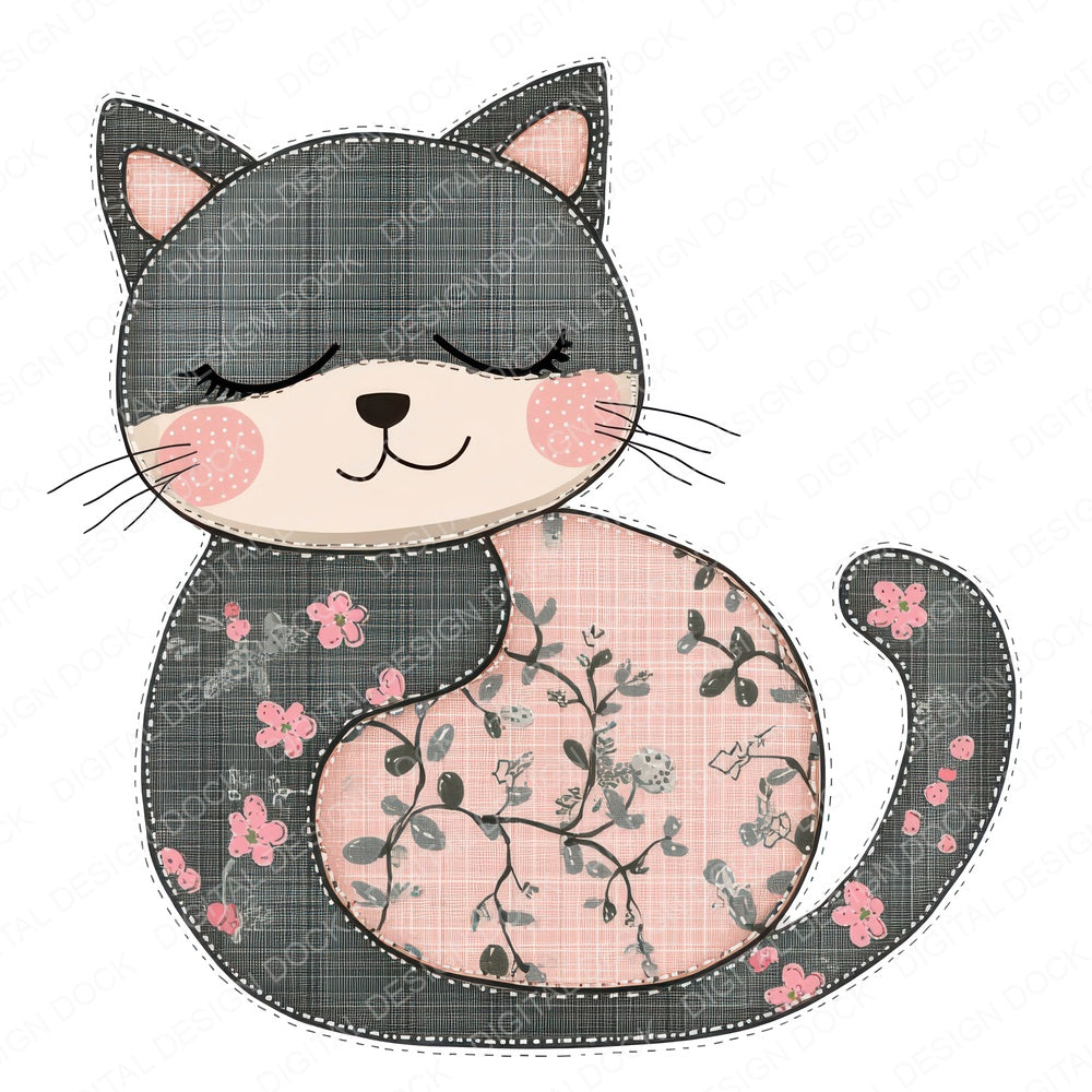 Fabric Embroidered Curling Kitten fussy cut sheet in A4 format showing all 12 designs on one printable page