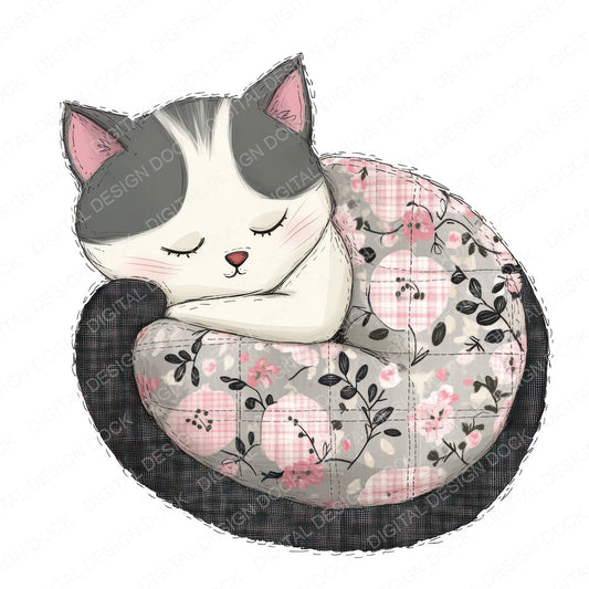 Fabric Embroidered Curling Kitten fussy cut sheet in US Letter format showing all 12 designs on one printable page