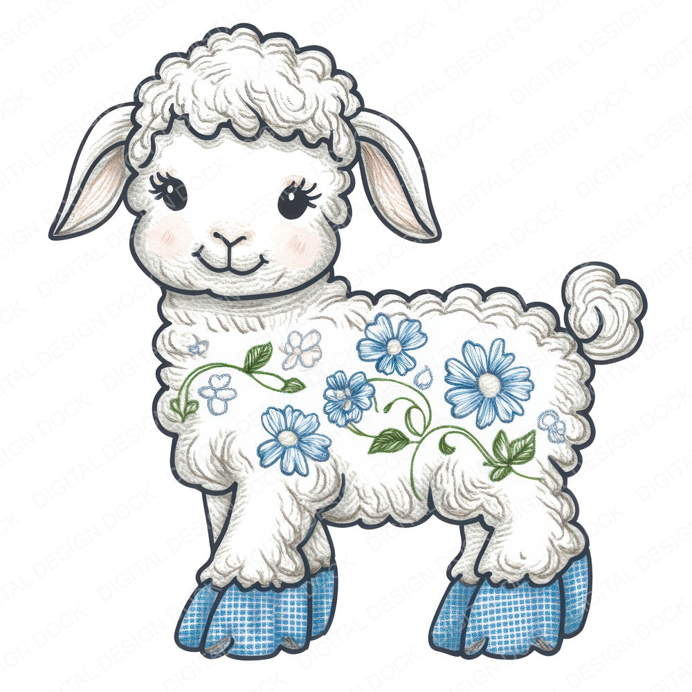 Fabric Embroidered Floral Lamb fussy cut sheet in A4 format showing all 12 designs on one printable page