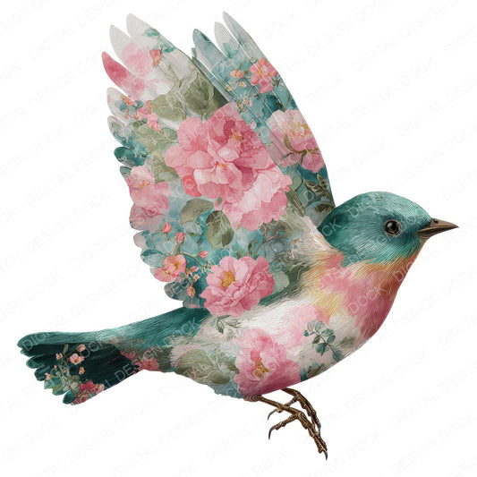 Fabric Floral Bird fussy cut sheet in A4 format showing all 12 designs on one printable page