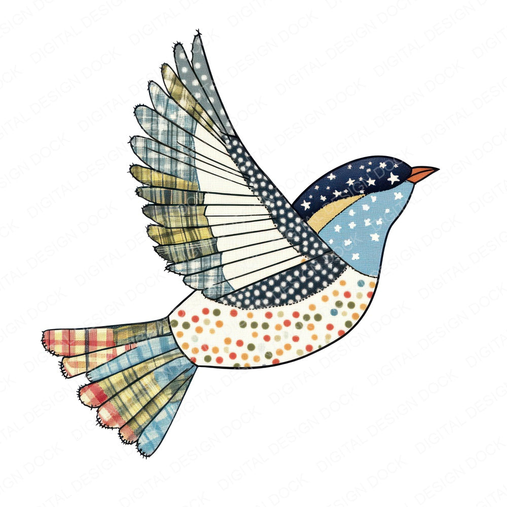 Fabric Flying Polka Bird fussy cut sheet in A4 format showing all 12 designs on one printable page