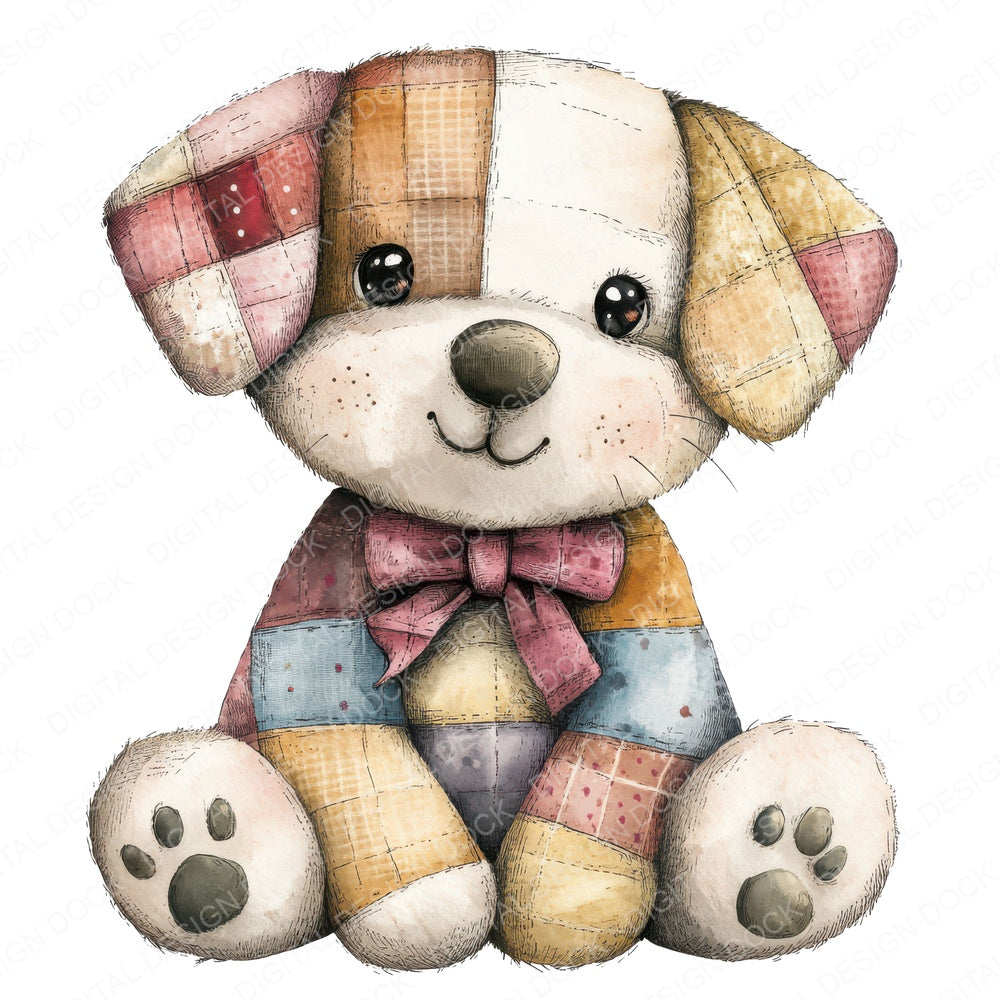 Fabric Patchwork Cute Dog Teddy fussy cut sheet in A4 format showing all 12 designs on one printable page