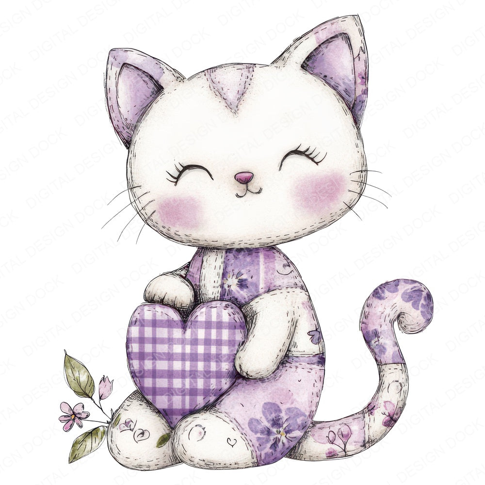 Fabric Patchwork Floral Kitten fussy cut sheet in A4 format showing all 12 designs on one printable page
