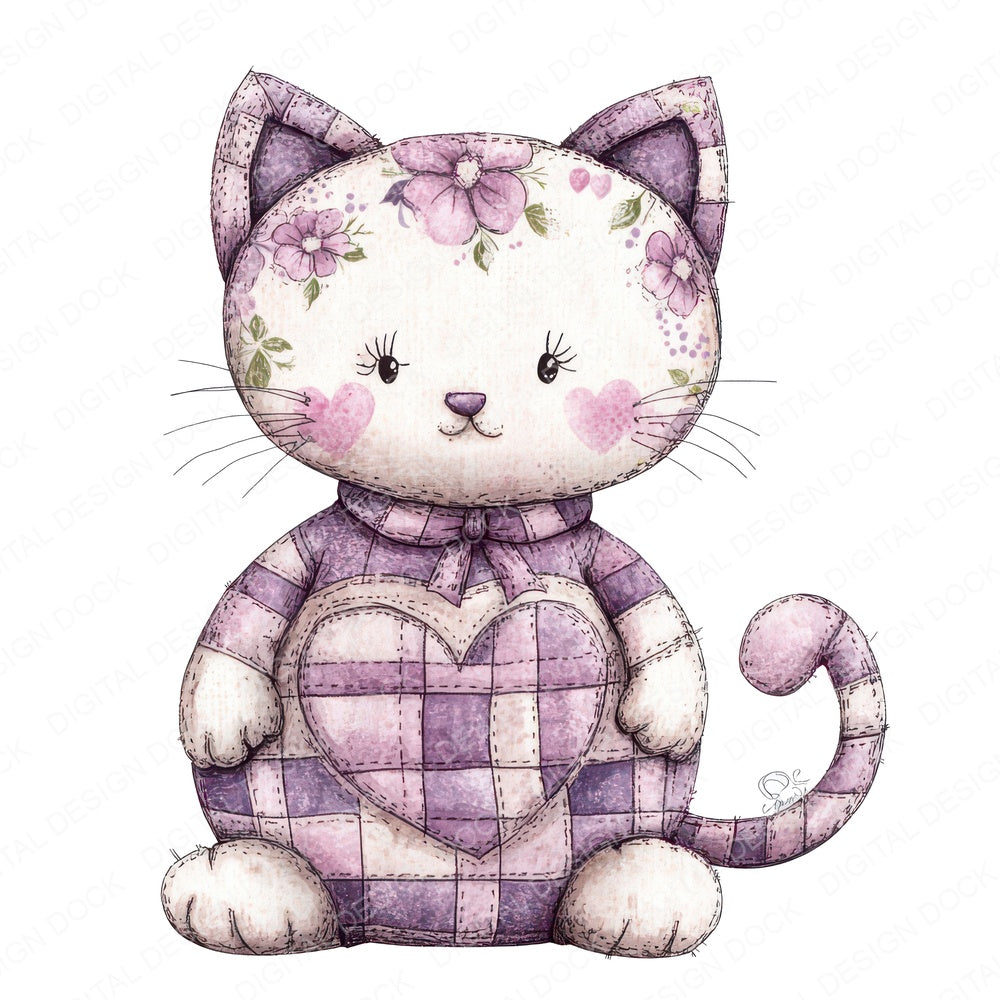Fabric Patchwork Floral Kitten fussy cut sheet in US Letter format showing all 12 designs on one printable page