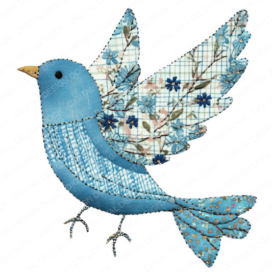 Fabric Patchwork Flying Bluebird fussy cut sheet in A4 format showing all 12 designs on one printable page