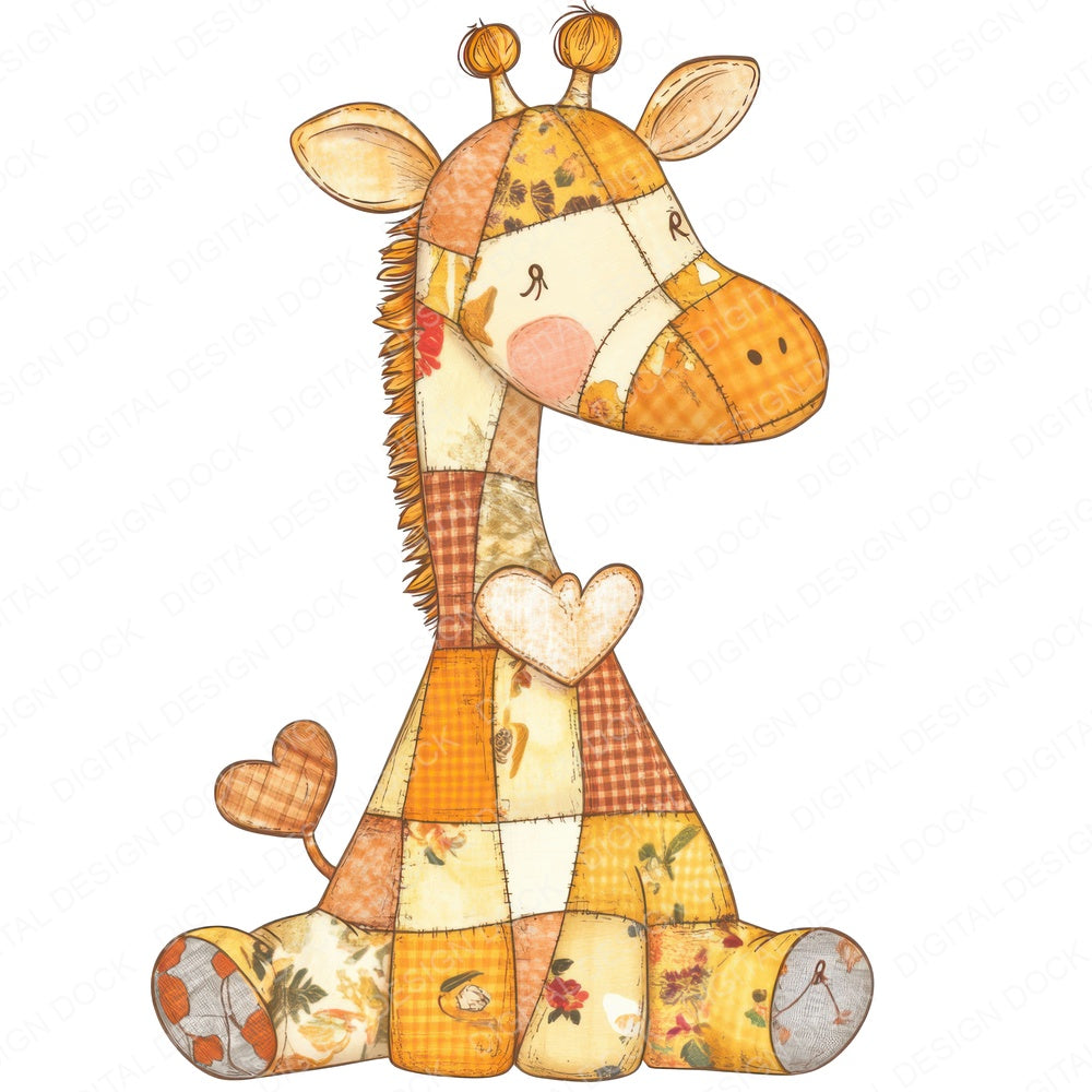Fabric Patchwork Giraffe with Heart fussy cut sheet in A4 format showing all 12 designs on one printable page
