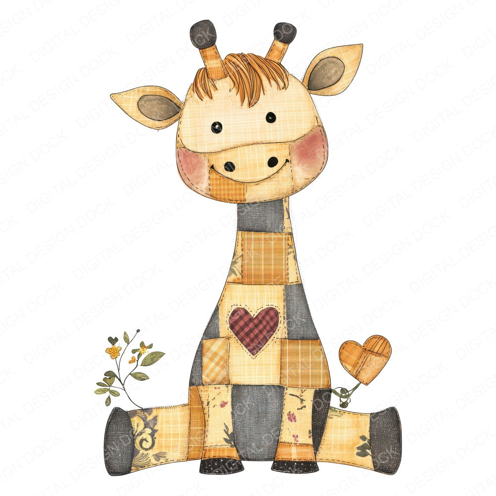 Fabric Patchwork Giraffe with Heart fussy cut sheet in US Letter format showing all 12 designs on one printable page