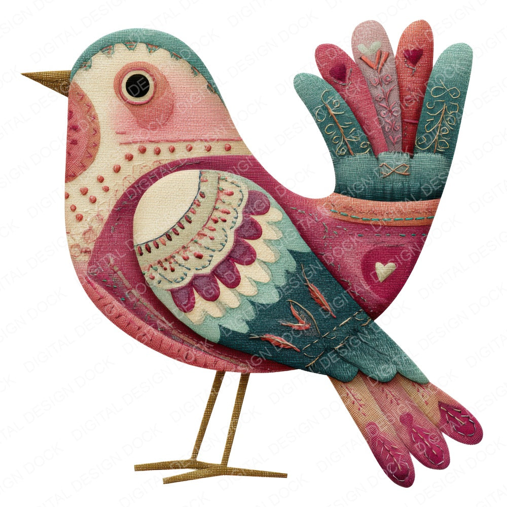 Fabric Patchwork Heart Bird fussy cut sheet in A4 format showing all 12 designs on one printable page
