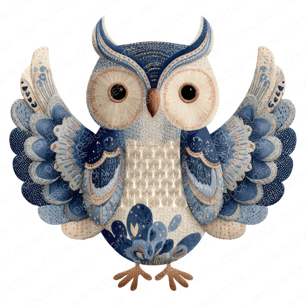 Fabric Patchwork Owl fussy cut sheet in A4 format showing all 12 designs on one printable page