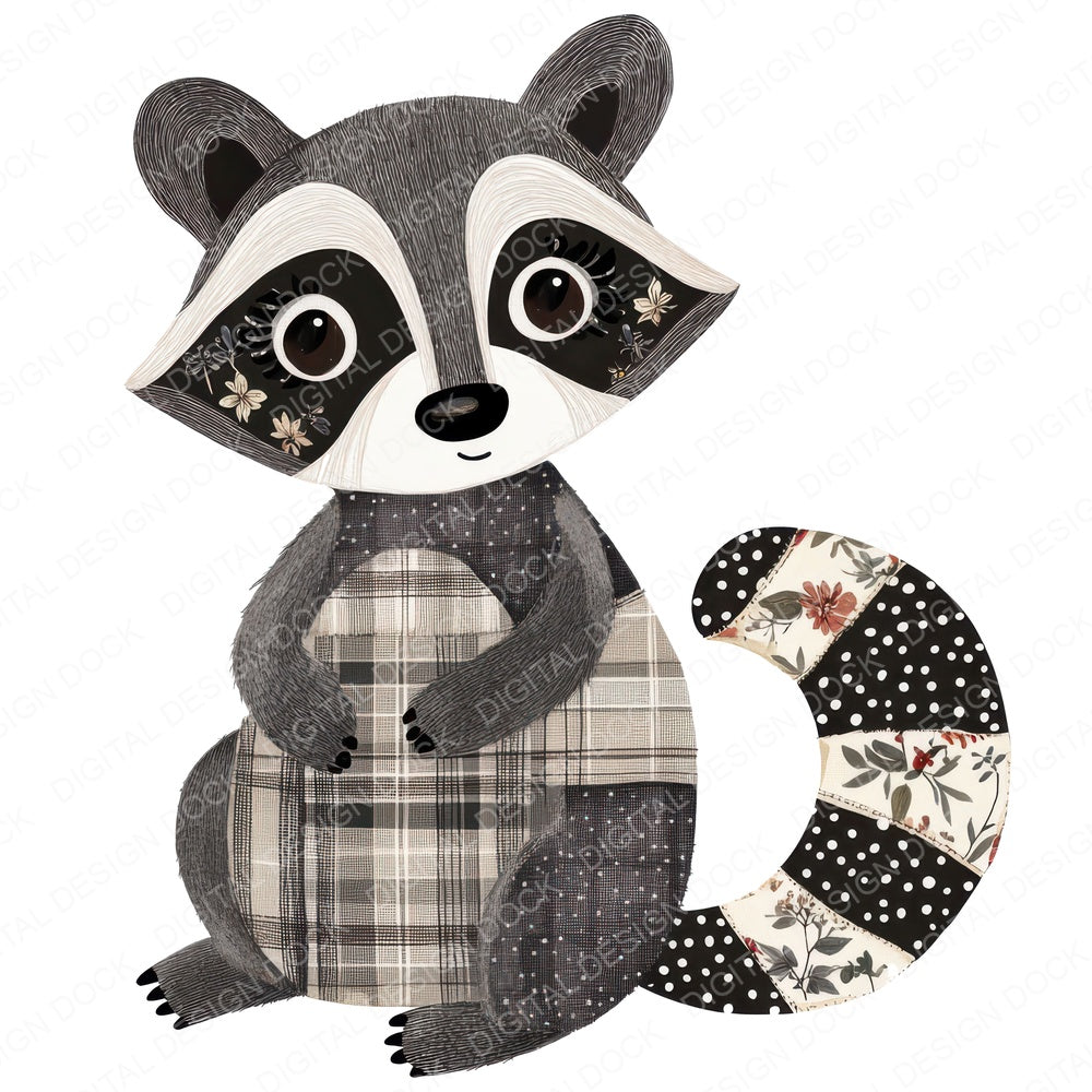Fabric Patchwork Raccoon with Mask fussy cut sheet in A4 format showing all 12 designs on one printable page
