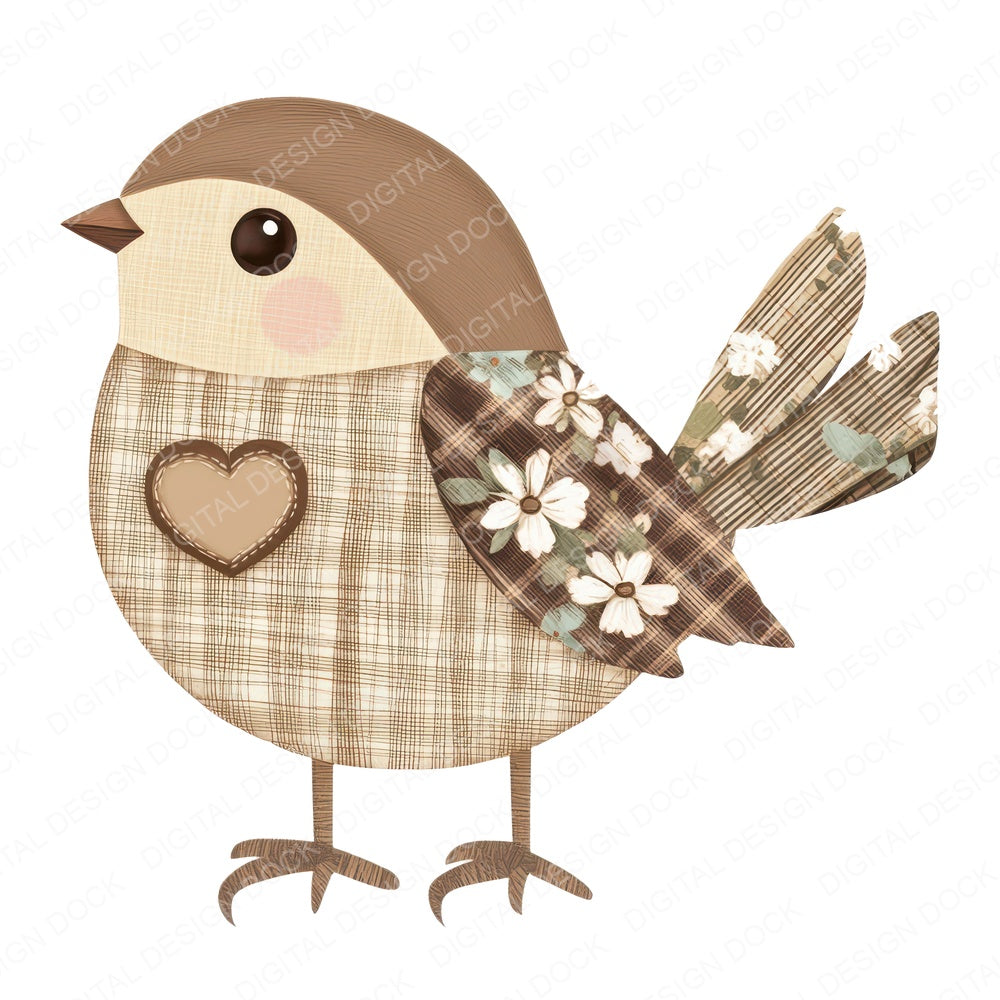 Fabric Sparrow with Heart Button fussy cut sheet in A4 format showing all 12 designs on one printable page