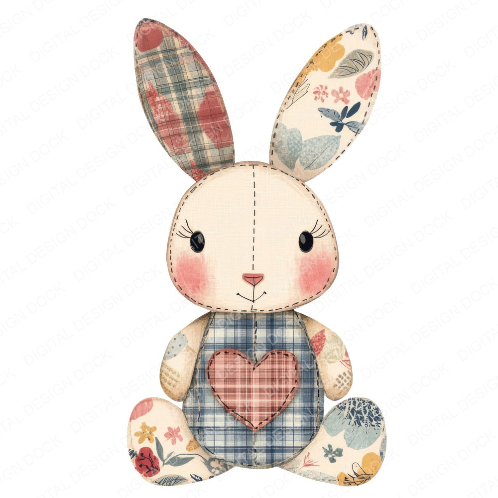 Fabric Stitched Heart Patch Bunny fussy cut sheet in US Letter format showing all 12 designs on one printable page