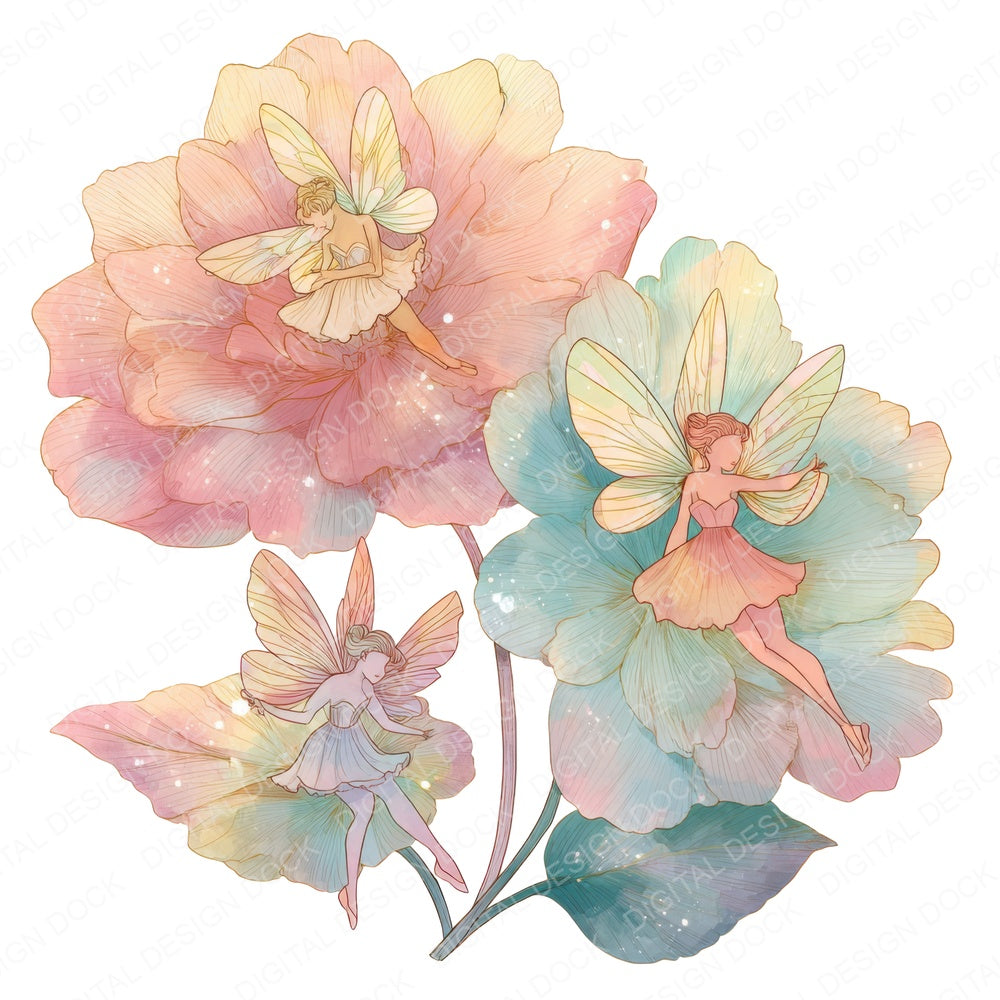 Fairies Flower Rainbow fussy cut sheet in A4 format showing all 12 designs on one printable page
