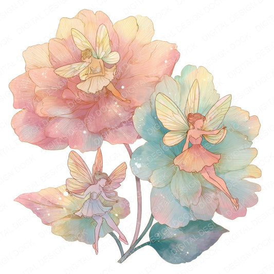 Fairies Flower Rainbow fussy cut sheet in A4 format showing all 12 designs on one printable page