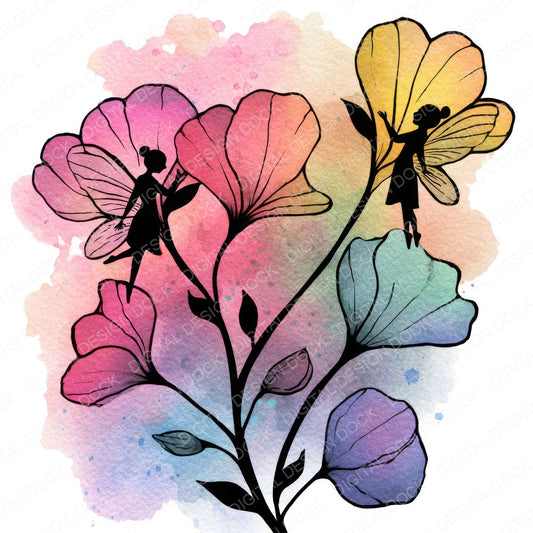 Fairies Flower Rainbow fussy cut sheet in US Letter format showing all 12 designs on one printable page