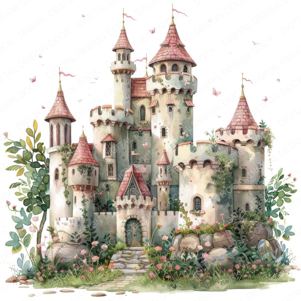 Fairytale Floral Princess Castle fussy cut sheet in A4 format showing all 12 designs on one printable page