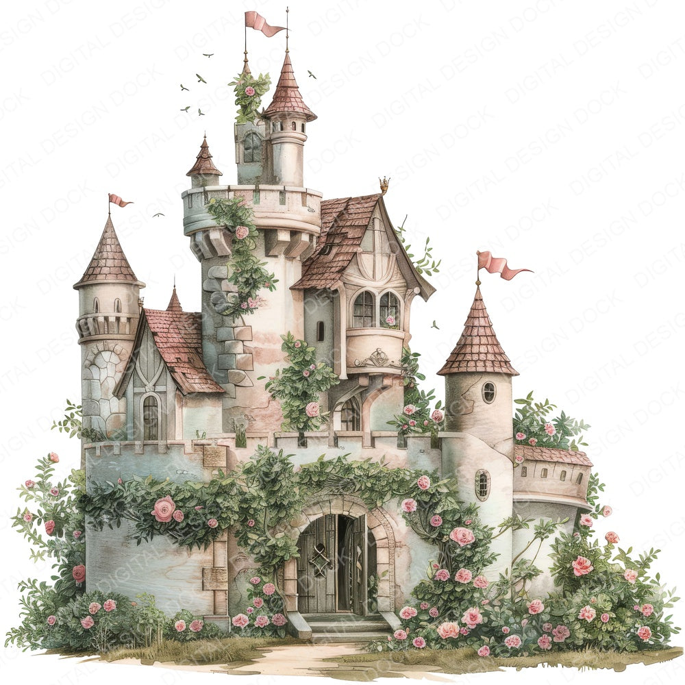 Fairytale Floral Princess Castle fussy cut sheet in US Letter format showing all 12 designs on one printable page