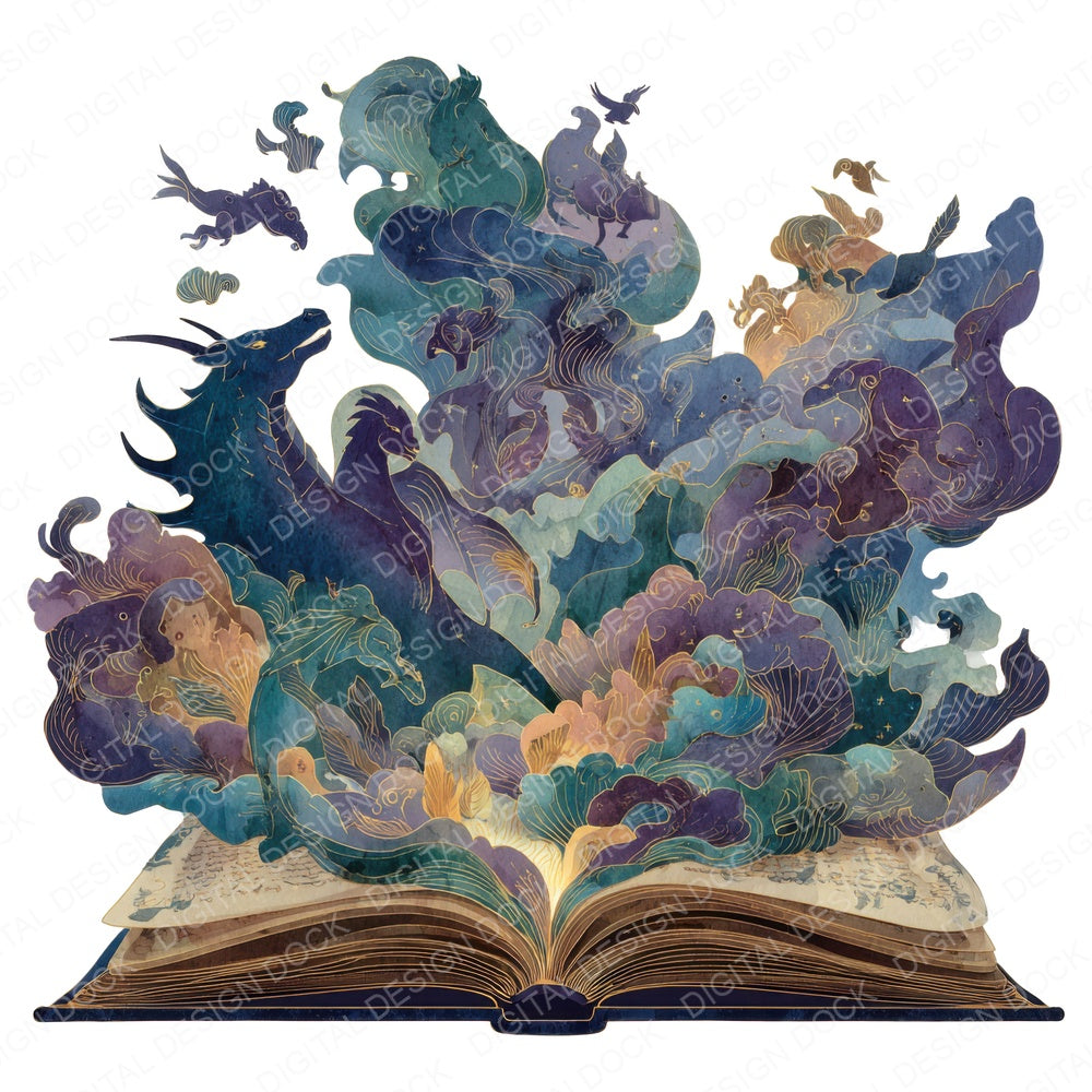Fantasy Creatures Open Book fussy cut sheet in US Letter format showing all 12 designs on one printable page