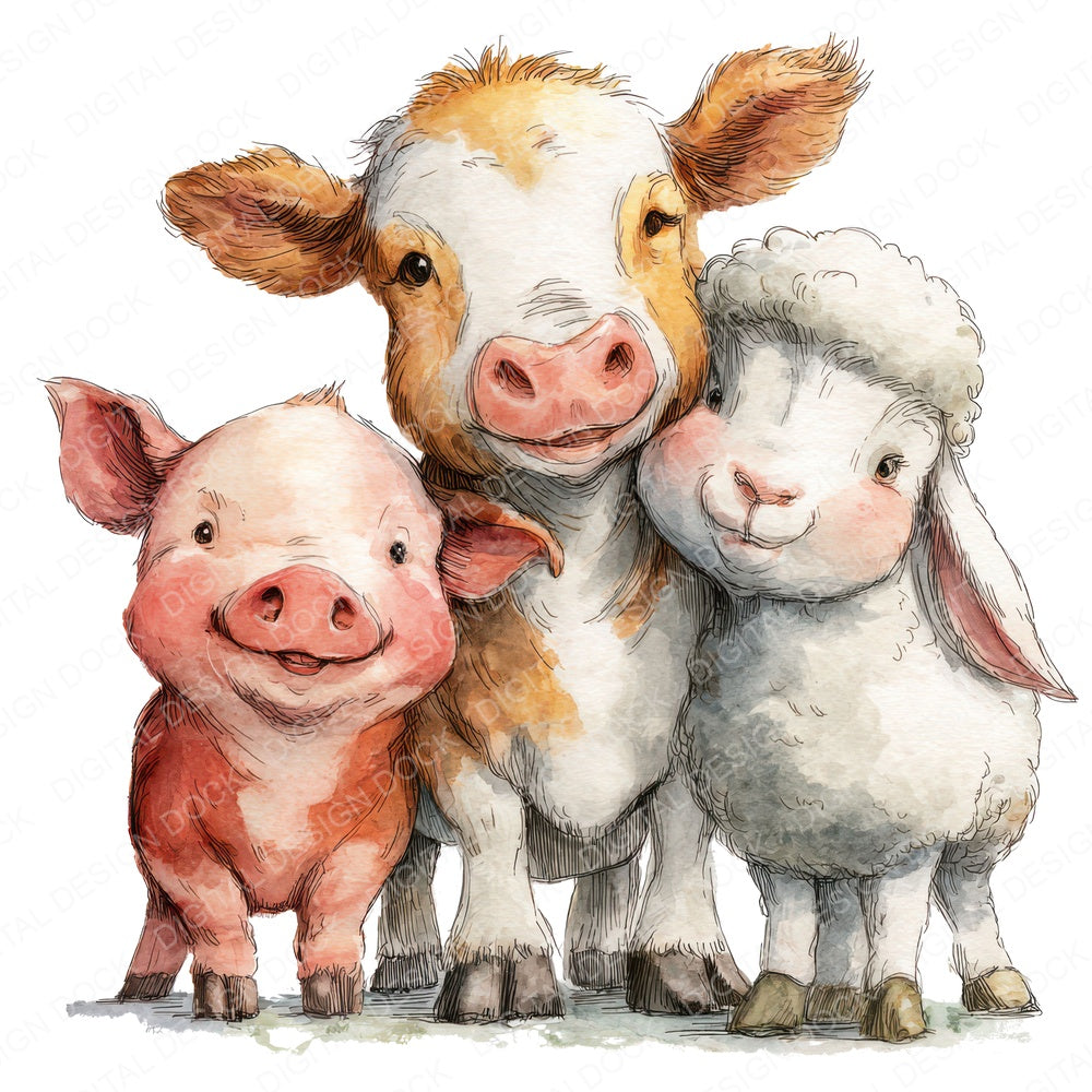 Farm Animals Friends fussy cut sheet in A4 format showing all 12 designs on one printable page