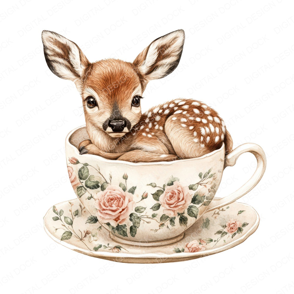 Fawn in Rose Teacup fussy cut sheet in A4 format showing all 12 designs on one printable page