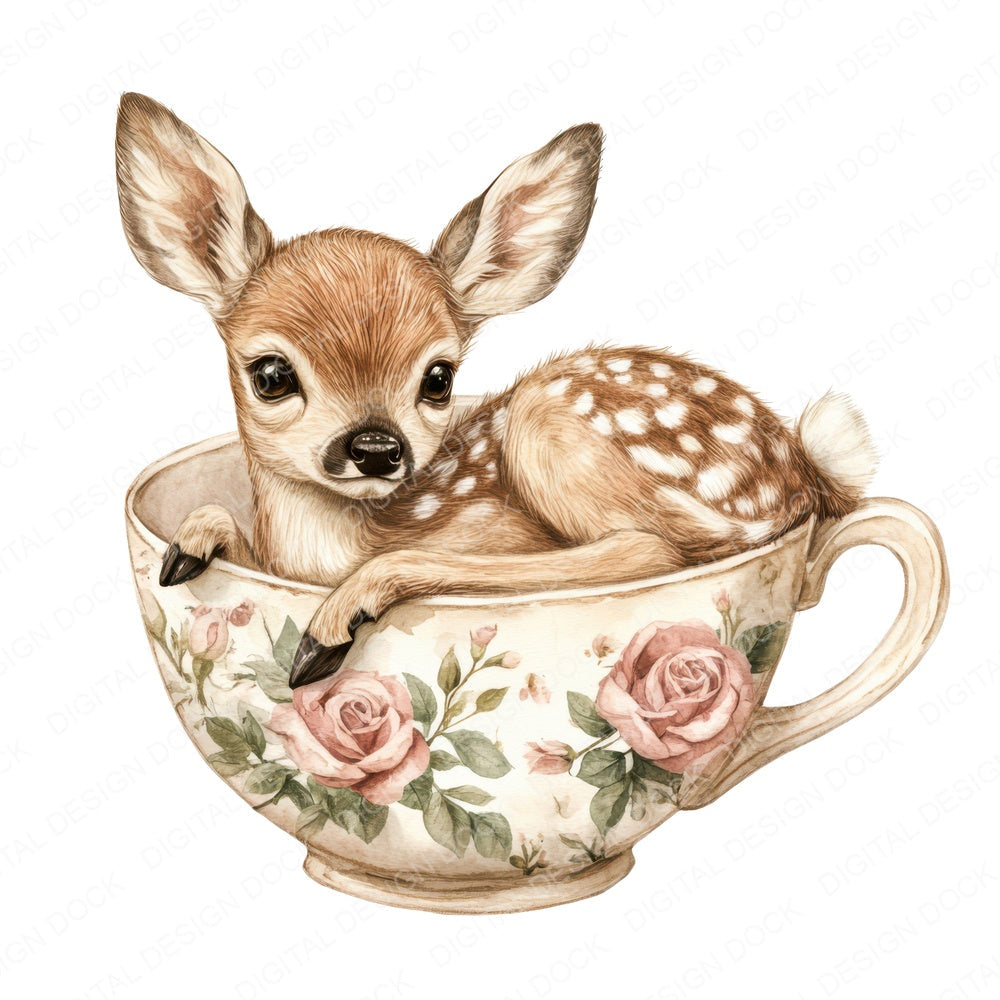 Fawn in Rose Teacup fussy cut sheet in US Letter format showing all 12 designs on one printable page