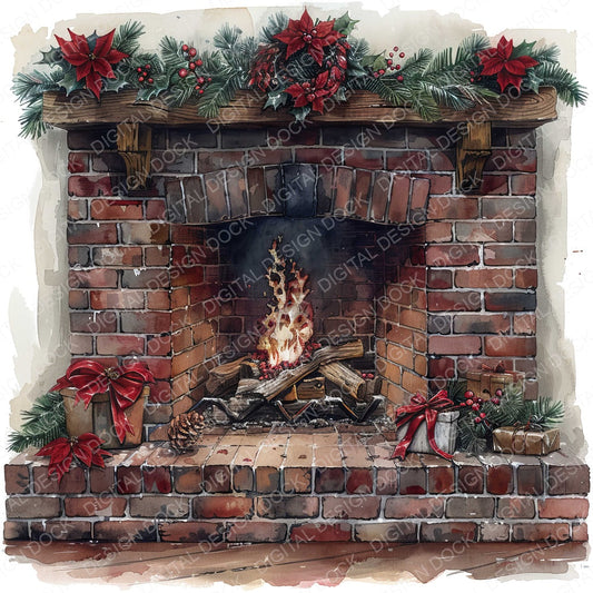 Festive Cozy Fireplace fussy cut sheet in US Letter format showing all 12 designs on one printable page