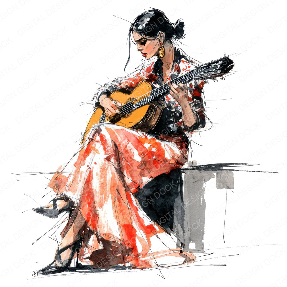 Flamenco Guitarist fussy cut sheet in A4 format showing all 12 designs on one printable page