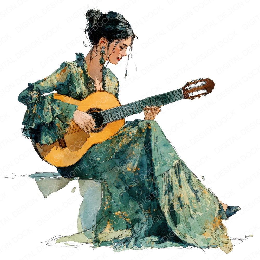 Flamenco Guitarist fussy cut sheet in US Letter format showing all 12 designs on one printable page