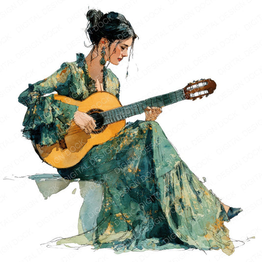 Flamenco Guitarist fussy cut sheet in US Letter format showing all 12 designs on one printable page