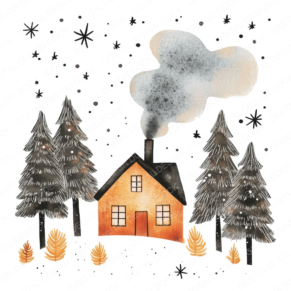 Flat Cabin and Pines fussy cut sheet in A4 format showing all 12 designs on one printable page