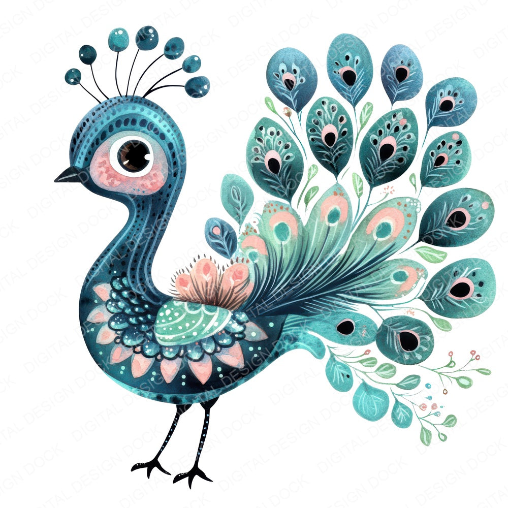 Flat Folk Art Baby Peacock fussy cut sheet in A4 format showing all 12 designs on one printable page