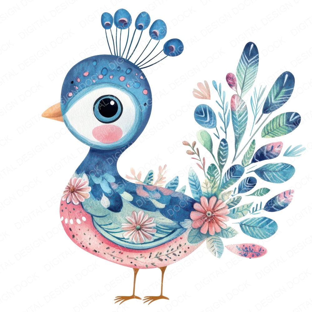 Flat Folk Art Baby Peacock fussy cut sheet in US Letter format showing all 12 designs on one printable page