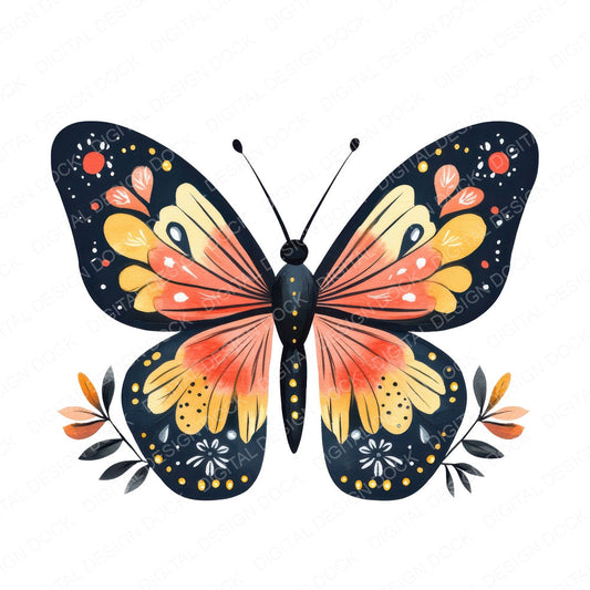 Flat Folk Art Butterfly Floral fussy cut sheet in A4 format showing all 12 designs on one printable page
