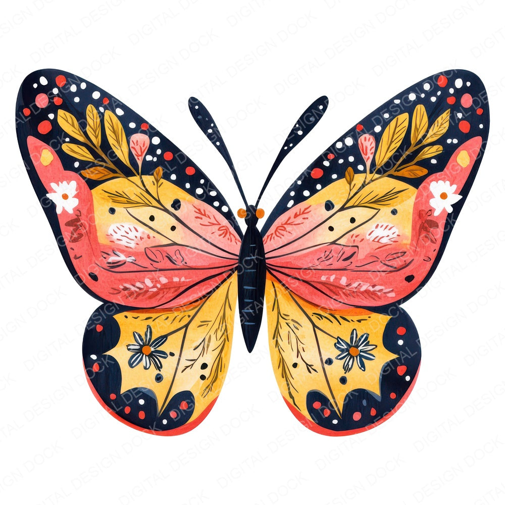 Flat Folk Art Butterfly Floral fussy cut sheet in US Letter format showing all 12 designs on one printable page