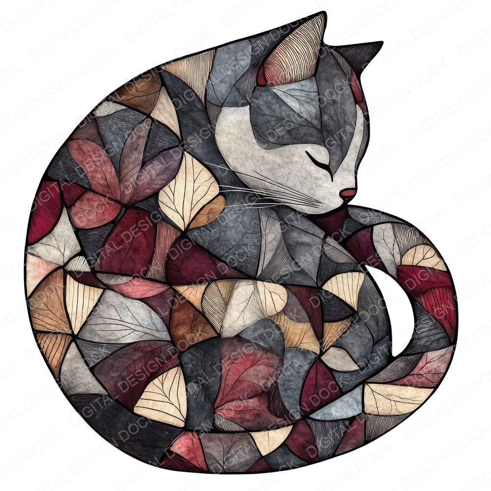 Flat Folk Art Cat Sleep fussy cut sheet in A4 format showing all 12 designs on one printable page